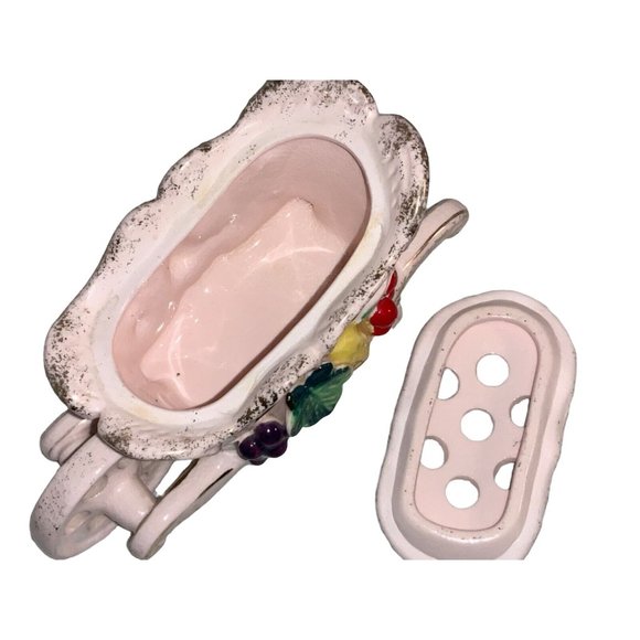 Pink WHEELBARROW Flower Frog Gold colored Trim -fruit on sides - Picture 9 of 10